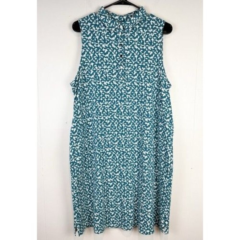 Chico's Shift Dress Teal White Geometric Sleeveless Collared Preppy Coastal Sz 3